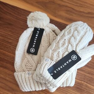 Wantable Cream Cable Knit Pom Beanie and Mittens Set